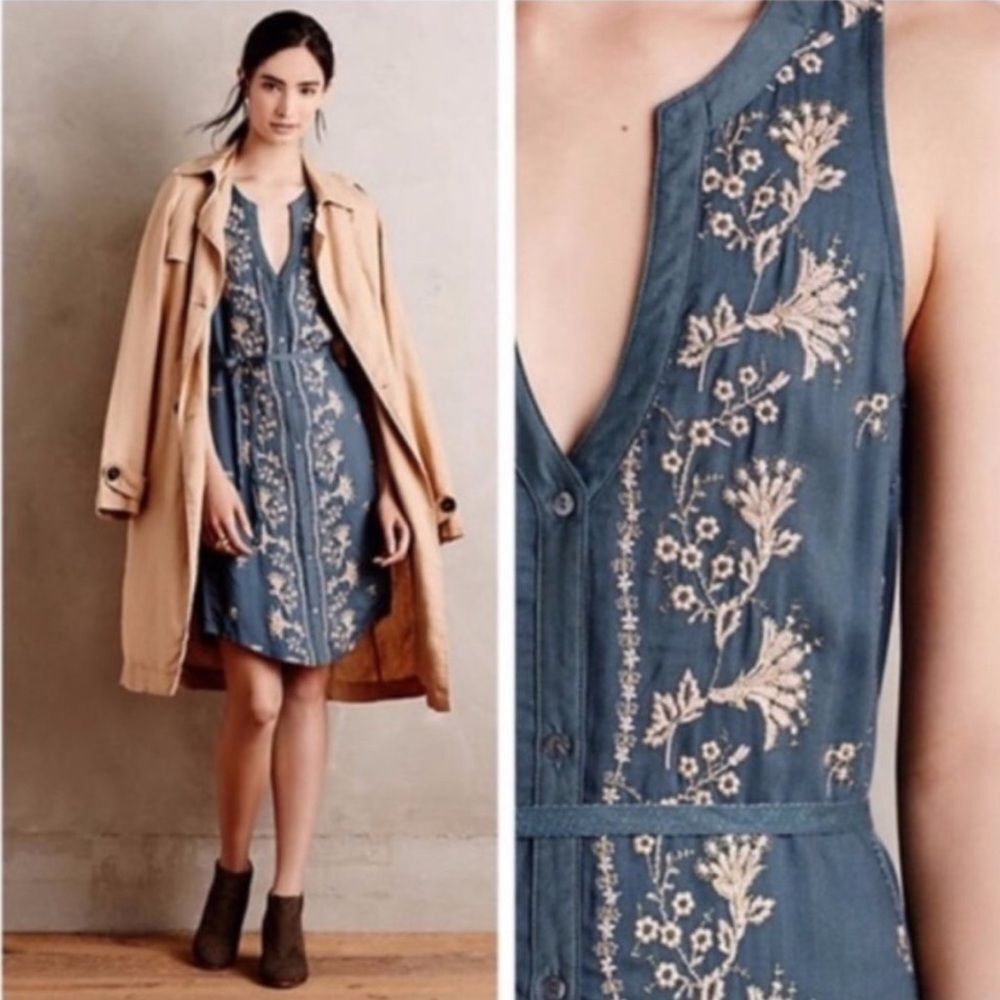 Tiny Anthropologie Embroidered Syden Shirtdress Button Up Teal Womens XS